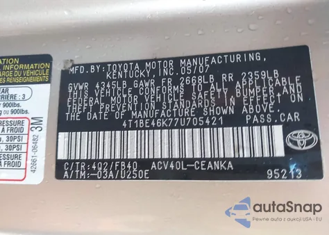 2007 Toyota Camry Le from USA, damaged, VIN 4T1BE46K77U705421